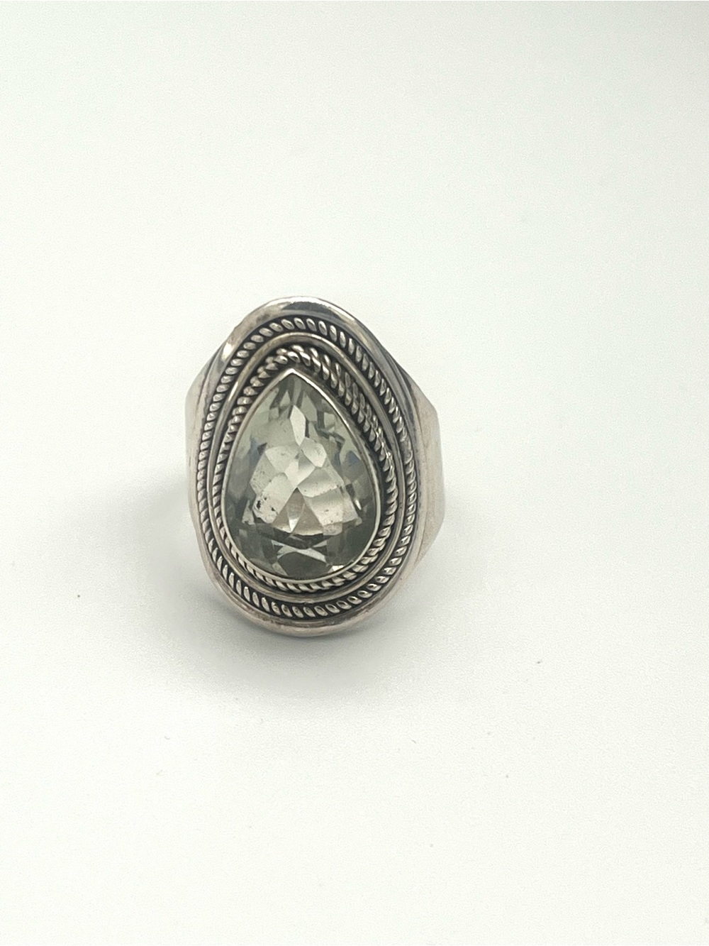 Elegant Teardrop / Pear Brittania Silver Ring with Faceted 5ct Green Amethyst